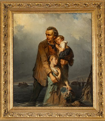 PIETER ALARDUS HAAXMAN (DUTCH 1814–1887) OIL ON CANVAS, 1861, H 27.75", W 23.5", SHIPWRECKED 