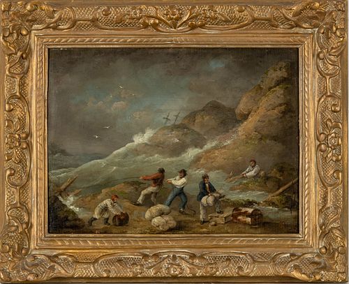 STYLE AND PERIOD OF GEORGE MORLAND (BRITISH 1763–1804) OIL ON CRADLE PANEL, H 12", W 16", SEA SCENE 