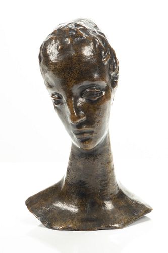 Wilhelm Lehmbruck (German, 1881-1919) Patinated Bronze C. 1915, Madchenkopf Auf Schlankem Hals, H 15.2'' W 10'' Depth 5.2''