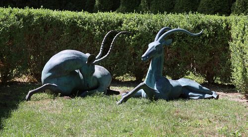 Pair Of Bronze Gazelle Garden Sculptures, H 37'' L 37'' 2 pcs