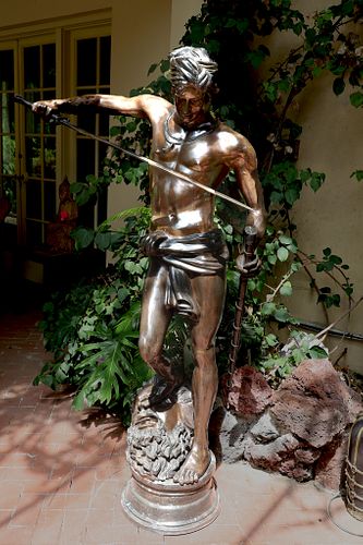 After Marius Jean Antonin Mercie, (Fr. 1845-1916) Patinated Bronze Monumental Sculpture, David Vainqueur De Goliath, H 69.5'' W 38''