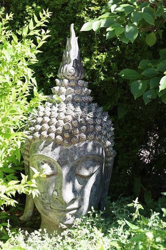 Asian Bronze Buddha Head Garden Sculpture, H 38'' W 18''