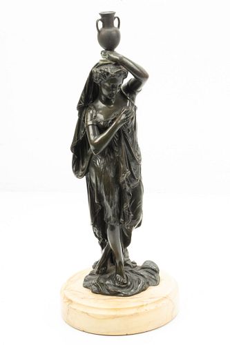 THEODORE DORIOT (FRENCH, 19TH C) CLASSICAL BRONZE SCULPTURE, H 13.25", W 3.5", WOMAN WITH CLASSICAL JUG 