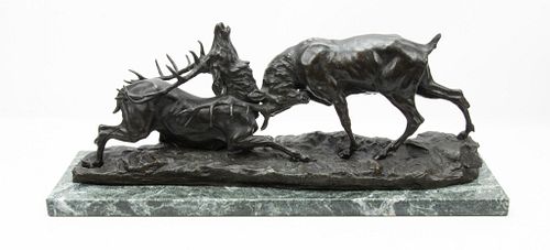 AFTER THOMAS FRANCOIS CARTIER (FRENCH, 1879-1943) BRONZE SCULPTURE, H 11", W 28", D 9" TWO EMBATTLED STAGS 