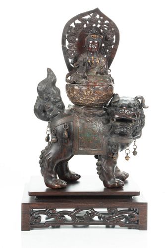 CHINESE BRONZE COVERED BOX, C. 1930, H 19", L 13", BODHISATTVA ATOP IMPERIAL LION  