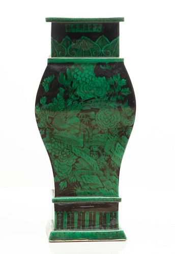 CHINESE GREEN AND BLACK PORCELAIN VASE, H 17", W 7.5", D 5"