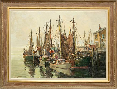 C. CURRY BOHM, AMER. 1894 - 71, OIL ON CANVAS H 26" W 35" "THE BOATS REST" 
