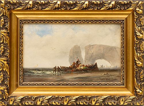 FRANKLIN D. BRISCOE (AMERICAN 1844-1903) OIL ON CANVAS 1896, H 5.6" W 9.25" SHIPWRECK AT ETRETAT 