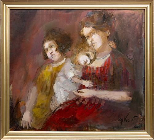 RUTH GIKOW, (AMERICAN, 1915–1982) OIL ON CANVAS H 35.5" W 39.5" MOTHER WITH CHILDREN 