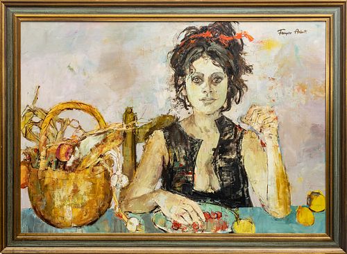 FRANCOISE ADNET (FRENCH B. 1924) OIL ON CANVAS, H 31", W 44", PORTRAIT OF SEATED WOMAN 