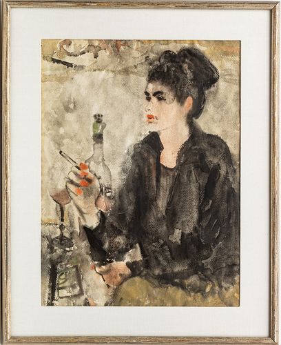 RICHARD JERZY (AMERICAN, 1943–2001) WATERCOLOR ON WOVE PAPER, H 25" W 18.5" (IMAGE) PORTRAIT OF A WOMAN WITH A CIGARETTE 