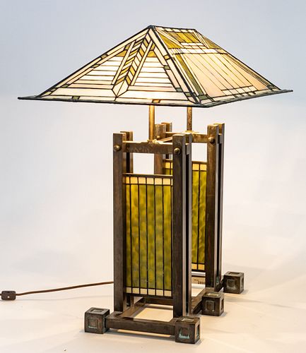 ATTR. DALE TIFFANY SLAG GLASS & BRONZE PATINATED LAMP, H 26", W 27"