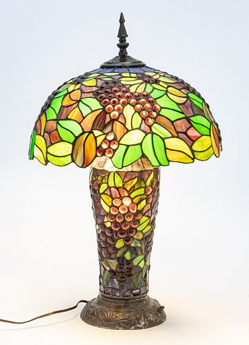 ARTS & CRAFTS STYLE LEADED GLASS LAMP, 20TH C, H 27", DIA 16" 