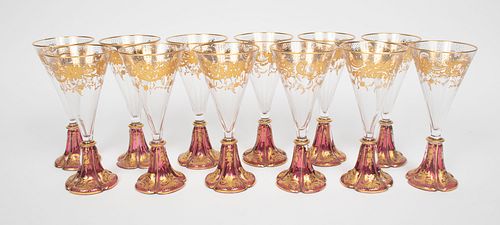 GILDED CRANBERRY GLASS FLUTES, C. 1900, 12 PCS, H 6.25", DIA 2.75"