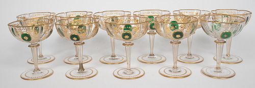 GILDED AND ETCHED CHAMPAGNE GLASSES, C. 1900, 11 PCS, H 5.25", DIA 4"