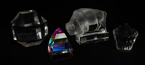 CARTIER & LALIQUE CRYSTAL PAPERWEIGHTS, 4 PCS, H 2.5"-4" 