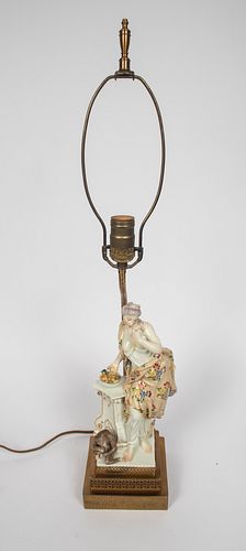 MEISSEN PORCELAIN FIGURE, MOUNTED AS LAMP, H 27.5", W 5.5" 