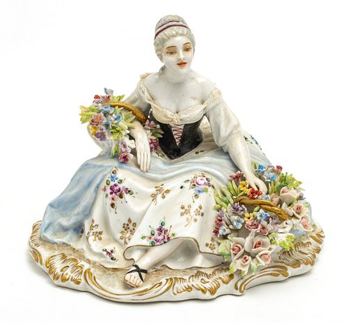 LUIGI FABRIS, ITALY PORCELAIN FIGURE OF MAIDEN WITH FLOWERS, H 5.5" W 7" D 6.5" 