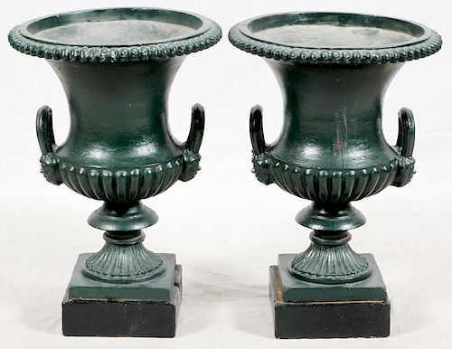 PAINTED CAST IRON URNS PAIR