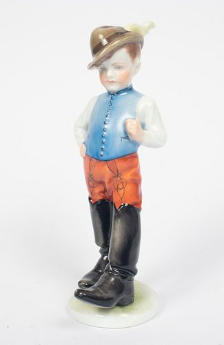 HEREND, (HUNGARY) PORCELAIN FIGURINE H 8" DIA 4" "BOY IN FATHER'S BOOTS" 
