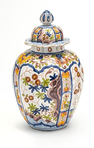 ROUEN FRENCH FAIENCE COVERED JAR, FLORAL MOTIF, 19TH.C. H 12" DIA 7.5" 