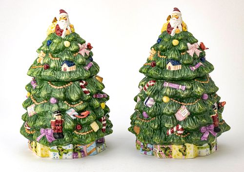 SPODE 'CHRISTMAS TREE' PORCELAIN COOKIE JARS, 2 PCS, H 13", DIA 9"