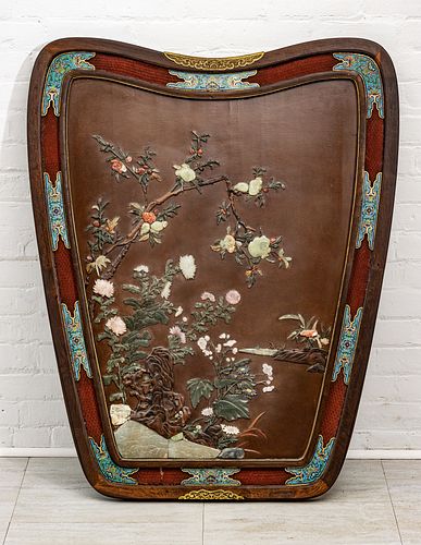CHINESE INLAID LACQUER PANEL WITH JADE, SEMI-PRECIOUS STONES AND CARVED TEAKWOOD, LATE 18TH/EARLY 19TH C., H 42.5", W 36", D 1.5", LANDSCAPE SCENE 