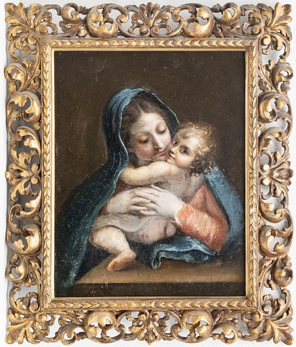 RUSSIAN OIL ON CANVAS PAINTING, C. 1860S, H 12" W 9", "MADONNA & CHILD" 