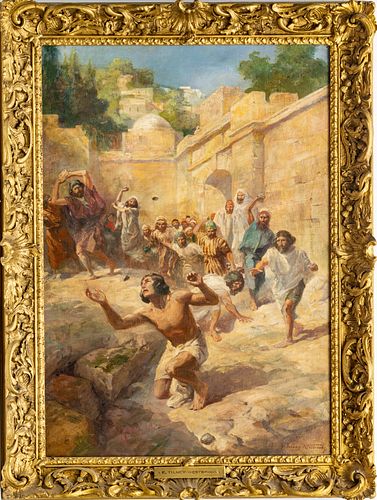 F. TILNEY-WESTBROOKE, OIL ON CANVAS PAINTING, H 26" W 18", "SCENE OF STONING" 