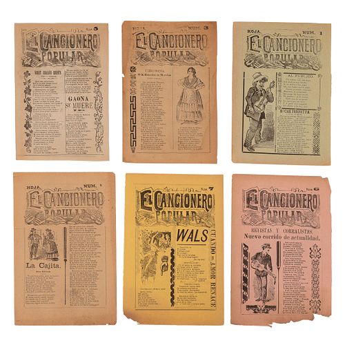 Vanegas Arroyo, Antonio. El Cancionero Popular. México: Imp. de A. Vanegas Arroyo, 1909-1911.  Números: 1, 3, 5, 6, 7, 8,... Piezas: 10