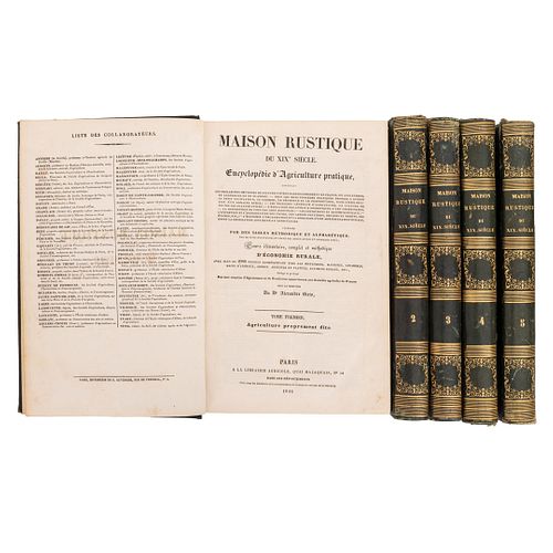 Bixio, Alexander. Maison Rustique du XIXe. Siècle. Encyclopédie d'Agriculture Pratique. Paris: A la Librairie Agricole, 1844. Piezas: 5