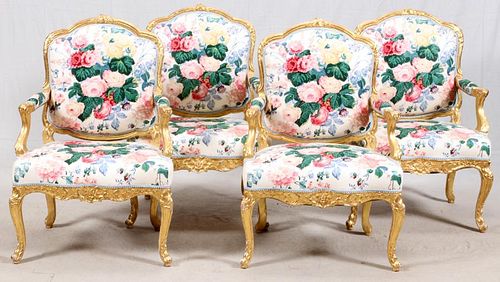 LOUIS XV STYLE CARVED GILT WOOD OPEN ARM CHAIRS