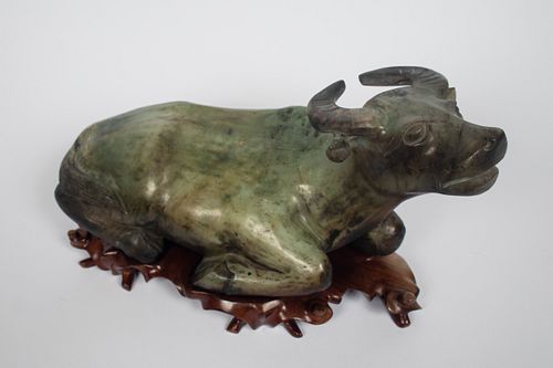 CHINESE JADE CARVING, H 6", W 14", RECUMBENT OX 