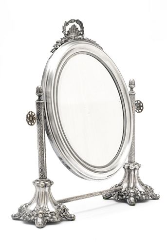 NORBLIN & CO., WARSAW, POLAND, SILVER-PLATE VANITY MIRROR, LATE 19TH/EARLY 20TH C., H 19", W 19", D 5" 