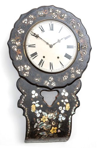 FRENCH PAPIER MACHE & MOTHER-OF-PEARL WALL CLOCK, 19TH C, H 32", W 18" 
