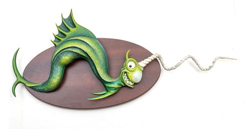 DR. SEUSS (AMERICAN), HAND-PAINTED CAST RESIN, UNORTHODOX TAXIDERMY SCULPTURE 2013, H 14.5" W 35.5" L 2.75", "GIMLET FISH" 78/850 