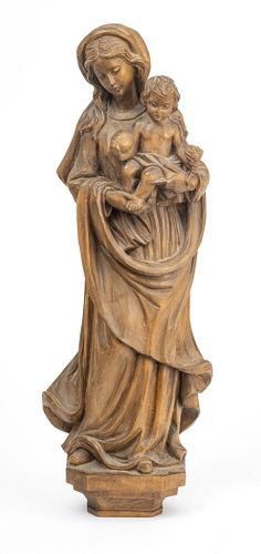 CARVED WOOD WALL PLAQUE, H 24", W 8", MADONNA & CHILD 