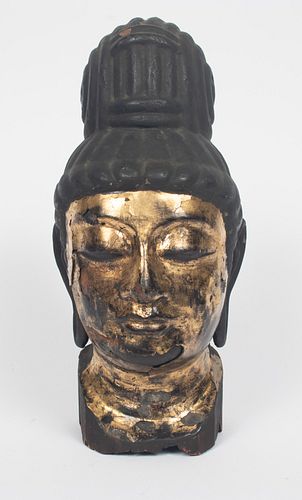 CARVED LAQUERED GILDED WOOD BUDDHA HEAD, ANTIQUITY H 12" W 5" D 5.5" 