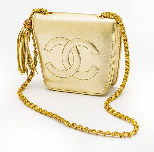 GOLD LEATHER CHANEL PURSE, H 6", W 7"