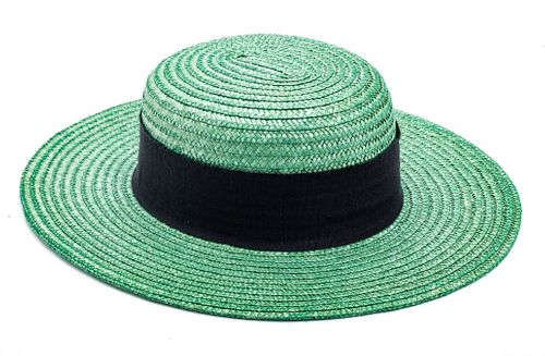 VINTAGE G. GUCCI GREEN STRAW HAT, H 3.5", L 14.5"