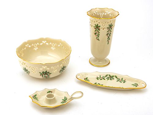 LENOX HOLLY AND BERRIES HOLIDAY VASE, CONDIMENT DISH, SERVING BOWL AND CANDLE HOLDER (4 PCS) 