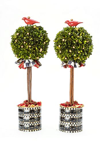 MACKENZIE-CHILDS (CO.) (AMERICAN, 1983) BOXWOOD TOPIARIES WITH CARDINAL FIGURINES, PAIR, H 28.5" DIA 8" 