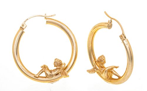 14KT GOLD HOOPS WITH ANGELS, DIA 1", T.W. 5.4 GR 