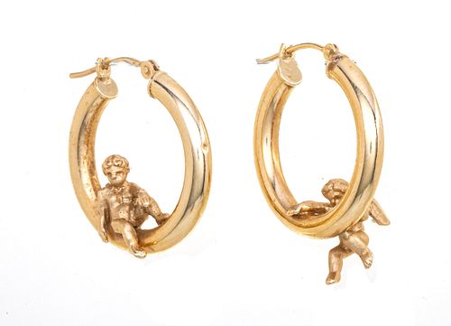 14KT GOLD HOOPS WITH ANGELS, DIA 3/4", T.W. 3.9 GR 