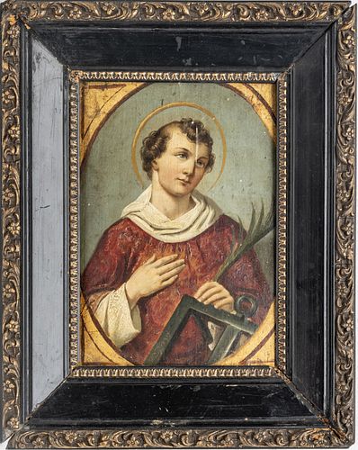 SAINT LAWRENCE, TEMPERA ON BOARD, GERMAN PAINTING 19TH CENTURY H 8.5" W 6" 