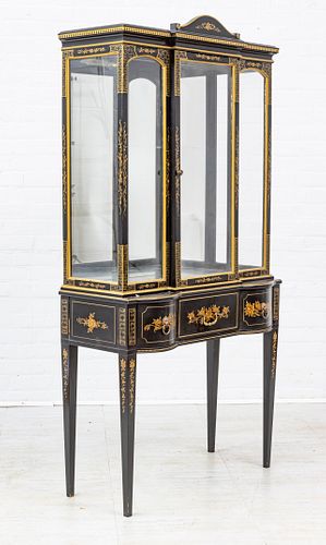 BLACK LACQUERED CHINOISERIE WOOD CABINET, H 66.5" W 32.75" D 15" 