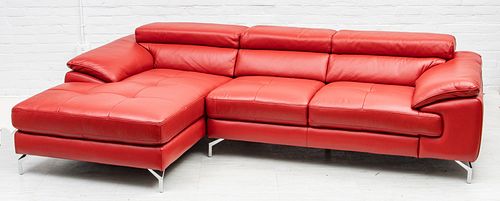 RED LEATHER TWO-SECTION SOFA, C. 2018, H 27", W 101", D 63" 