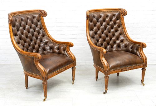 TUFTED LEATHER WINGBACK CHAIRS, PAIR, H 45", W 30" D 25" 