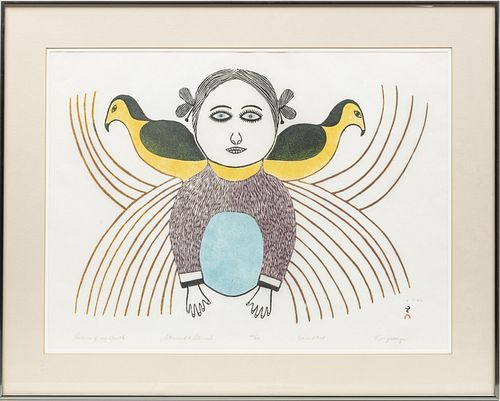 NINGEEUGA (INUIT, CAPE DORSET) STONECUT, STENCIL ON PAPER, 1978, H 19", W 25", "PICTURE OF MY YOUTH" 