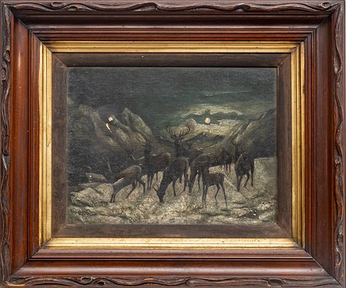 AMERICAN  OIL ON CANVAS C. 1900 H 12" W 16' NOCTURNE, MOUNTAIN DEER 